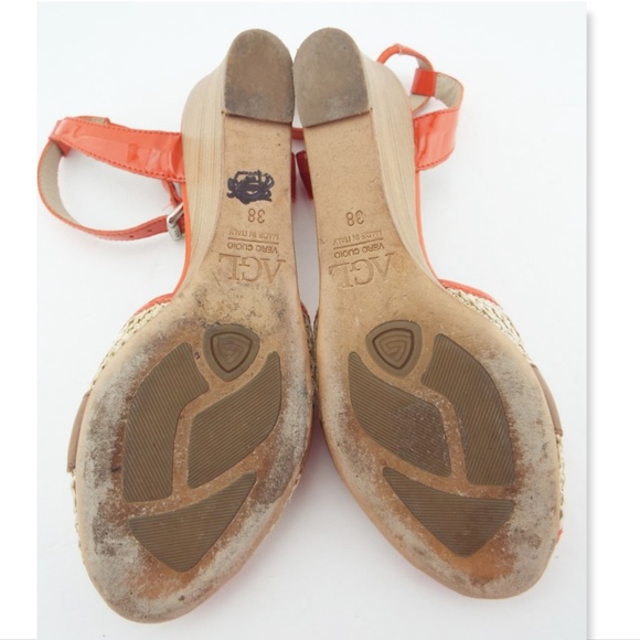 AGL Orange Patent Leather Raffia Wedge Sandals 38 - Picture 8 of 8